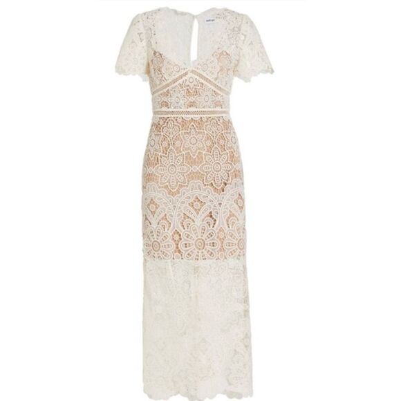 Self Portrait Guipure V-Neck Lace  Midi Dress in Beige NWT Size 2 - Picture 3 of 9
